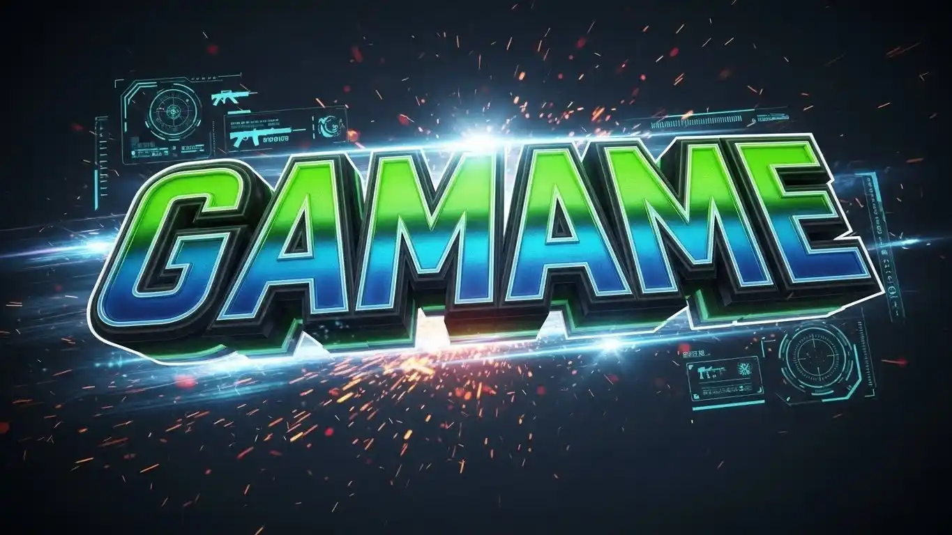 Gamename generator displaying neon gaming nickname text with green and blue cyberpunk effects, featuring futuristic gaming UI elements, laser effects, and digital technology interface background for PUBG and Free Fire gaming profile names