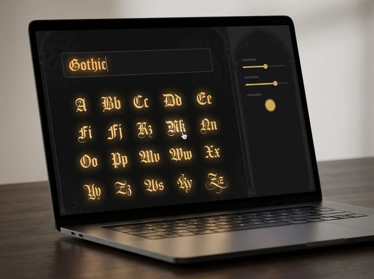 Gothic font generator showing glowing blackletter alphabet styles A to Z on a laptop screen with font size and color sliders