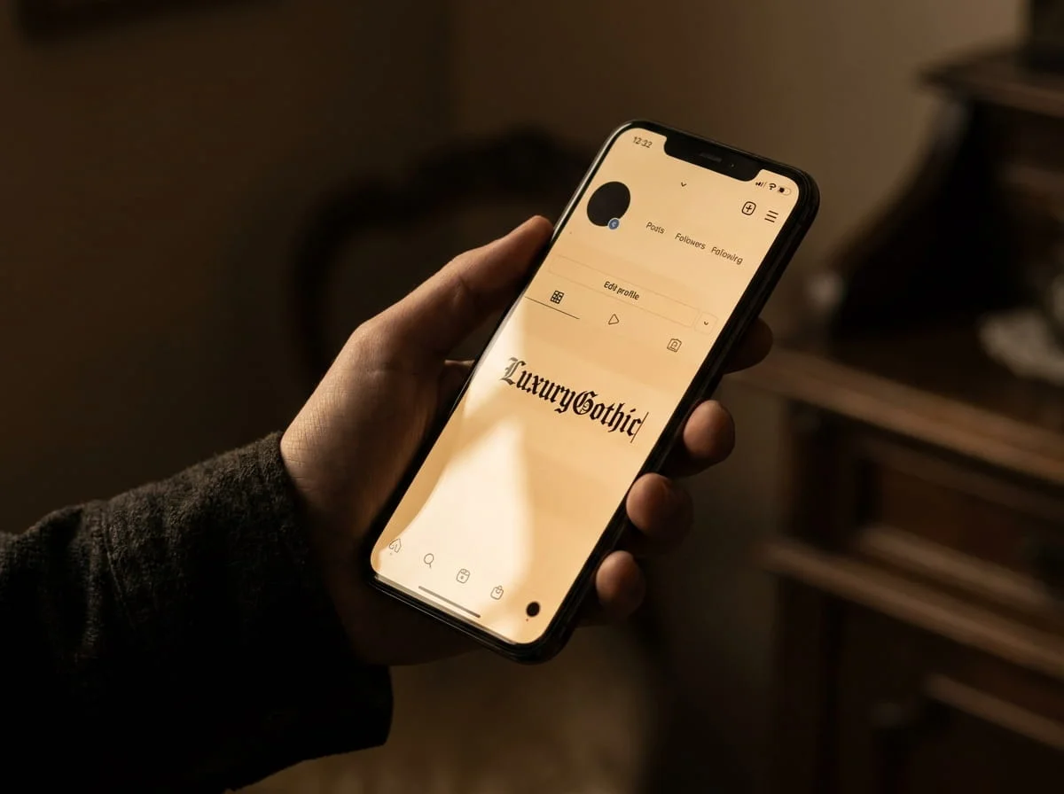 Hand holding smartphone displaying Instagram profile bio styled with elegant gothic blackletter font reading LuxuryGothic