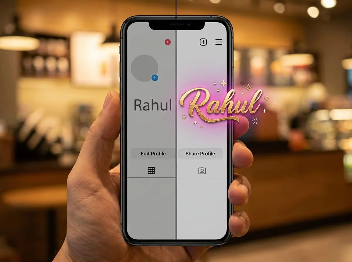 Split screen comparison of Instagram profile name Rahul in plain text versus stylish golden cursive Unicode font with sparkle effects
