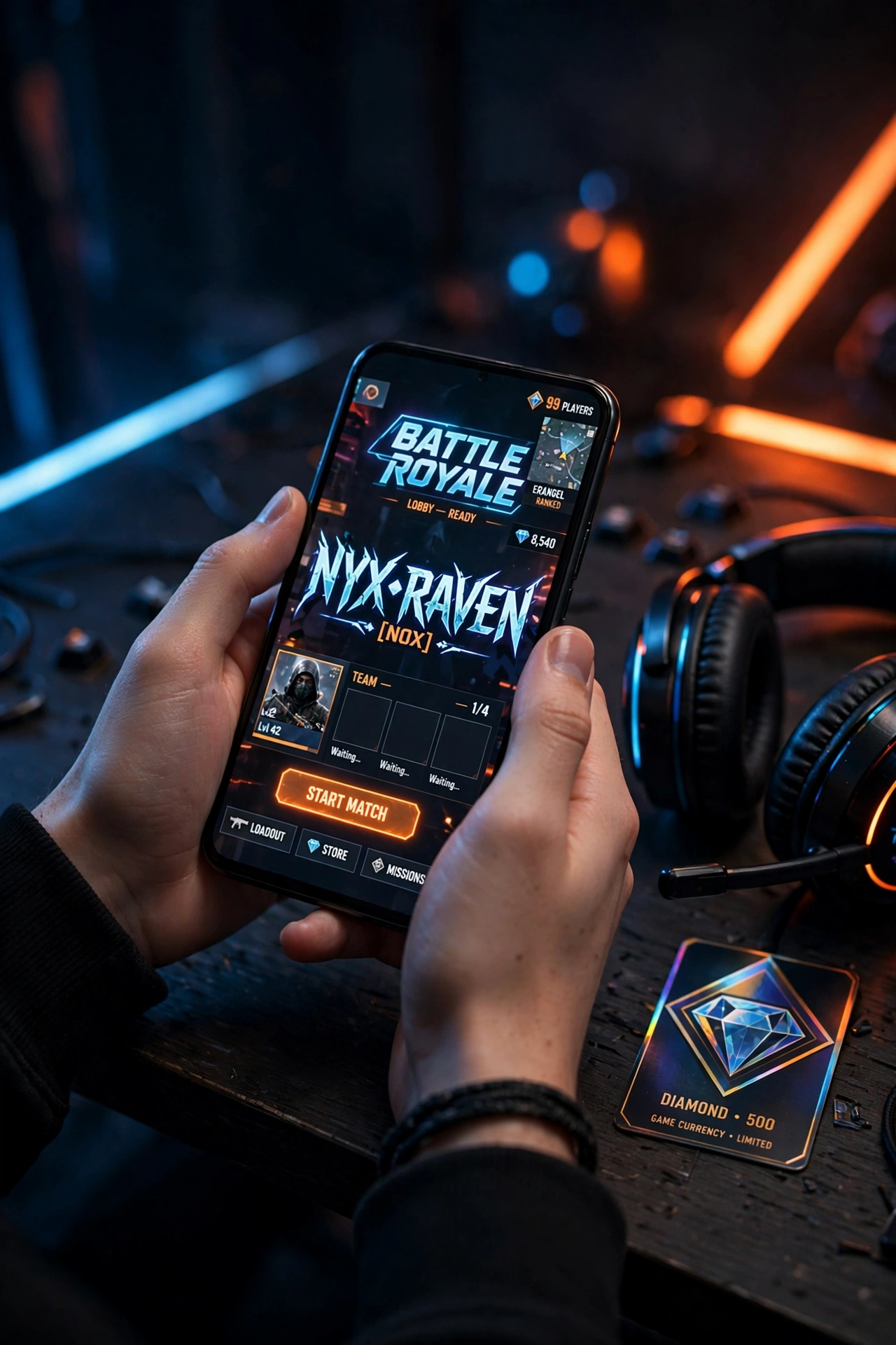 Hands holding a smartphone showing a battle royale game lobby with a stylish nickname, next to a headset and a diamond game currency card