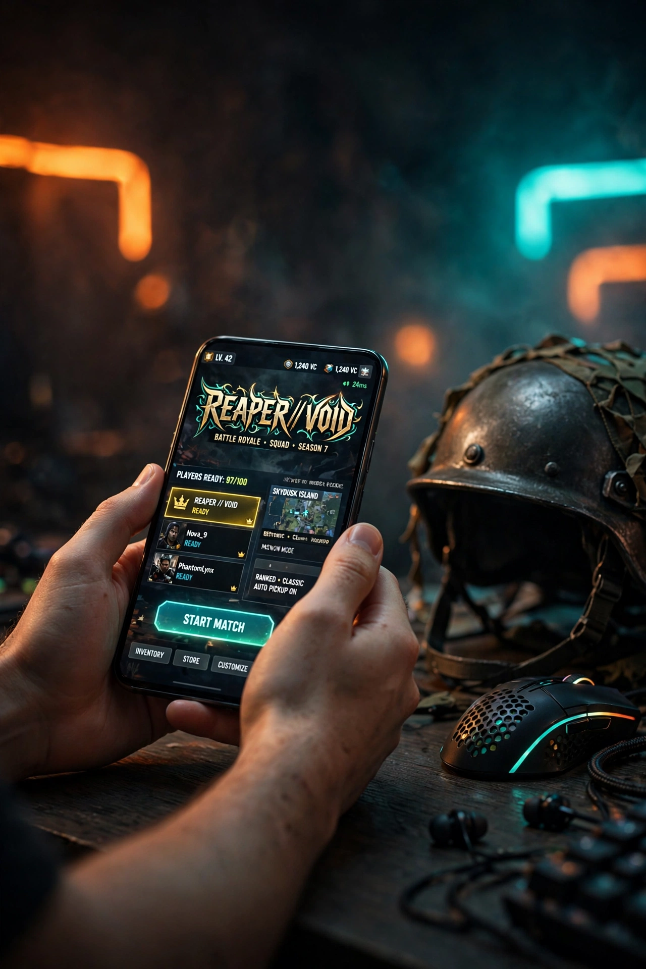 Hands holding a smartphone showing a battle royale squad lobby with a stylish player nickname, with a steel helmet prop and gaming mouse on the desk